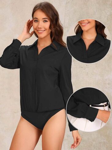 Allegra K Work Bodysuit for Women's Collared V Neck Polo Long Sleeves Button Casual Bodysuit Shirt in Saudi Arabia