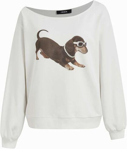 CIDER Sweatshirt for Women Dachshund Graphic Asymmetrical Neck Long Sleeve Terry Pullover Dog Top in Saudi Arabia