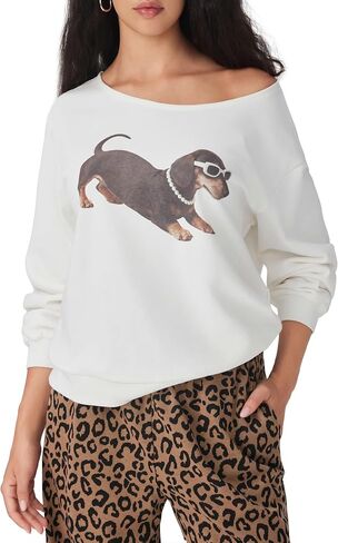CIDER Sweatshirt for Women Dachshund Graphic Asymmetrical Neck Long Sleeve Terry Pullover Dog Top in Saudi Arabia
