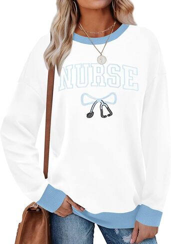 LOTUCY ممرضة البلوز المرأة الممرضات الحياة Crewneck كم طويل التمريض طالب المدرسة التطريز البلوز القمم in Saudi Arabia