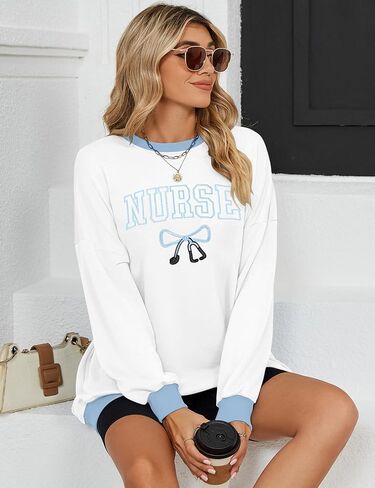 LOTUCY ممرضة البلوز المرأة الممرضات الحياة Crewneck كم طويل التمريض طالب المدرسة التطريز البلوز القمم in Saudi Arabia