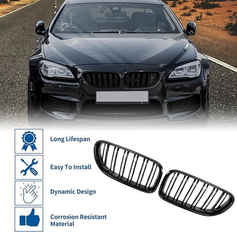 X AUTOHAUX غطاء محرك السيارة الأمامي العلوي مصبغة مصبغة لسيارات BMW M6 F06 2012-2018 الجبهة اليسرى اليمنى المصد العلوي الكلى مصبغة شواء شريحة مزدوجة لامعة زوج أسود in Saudi Arabia