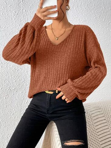 Women's Fall V Neck Sweaters 2025 Loose Fit Lightweight Casual Tunic Fashion Tops in Saudi Arabia