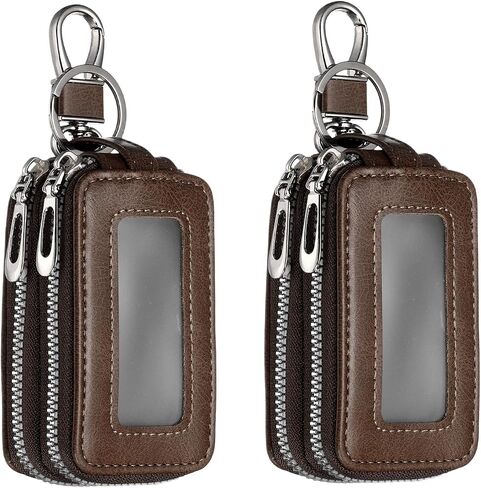 HARFINGTON Double Car Key Fob Case Genuine Leather RFID Smart Key Chain Keychain Holder with Metal Hook Keyring Zipper Bag in Saudi Arabia