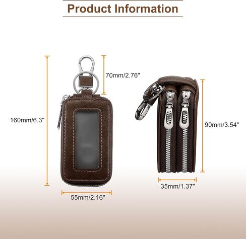 HARFINGTON Double Car Key Fob Case Genuine Leather RFID Smart Key Chain Keychain Holder with Metal Hook Keyring Zipper Bag in Saudi Arabia