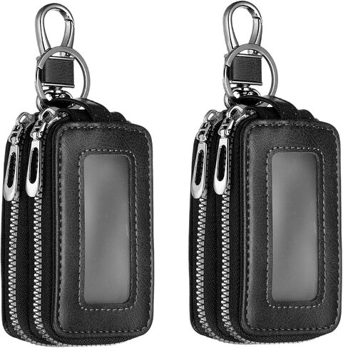HARFINGTON Double Car Key Fob Case Genuine Leather RFID Smart Key Chain Keychain Holder with Metal Hook Keyring Zipper Bag in Saudi Arabia