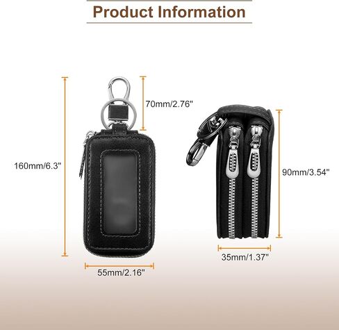 HARFINGTON Double Car Key Fob Case Genuine Leather RFID Smart Key Chain Keychain Holder with Metal Hook Keyring Zipper Bag in Saudi Arabia