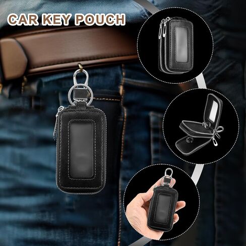 HARFINGTON Double Car Key Fob Case Genuine Leather RFID Smart Key Chain Keychain Holder with Metal Hook Keyring Zipper Bag in Saudi Arabia