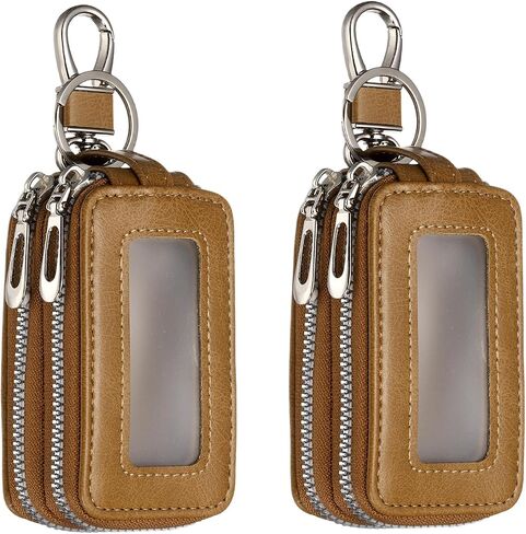 HARFINGTON Double Car Key Fob Case Genuine Leather RFID Smart Key Chain Keychain Holder with Metal Hook Keyring Zipper Bag in Saudi Arabia