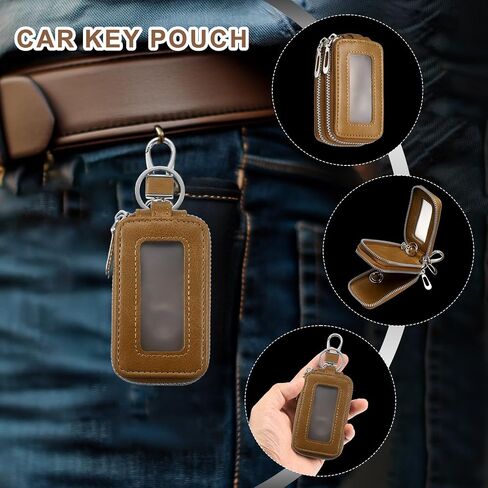 HARFINGTON Double Car Key Fob Case Genuine Leather RFID Smart Key Chain Keychain Holder with Metal Hook Keyring Zipper Bag in Saudi Arabia