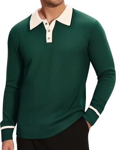 Alex Vando Mens Knit Polo Shirts Long Sleeve Sweater Casual Fashion Classic Button Down Polo Shirts in Kuwait