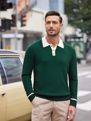 Alex Vando Mens Knit Polo Shirts Long Sleeve Sweater Casual Fashion Classic Button Down Polo Shirts in Kuwait