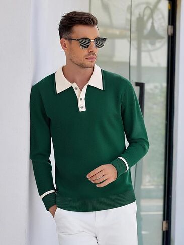 Alex Vando Mens Knit Polo Shirts Long Sleeve Sweater Casual Fashion Classic Button Down Polo Shirts in Kuwait