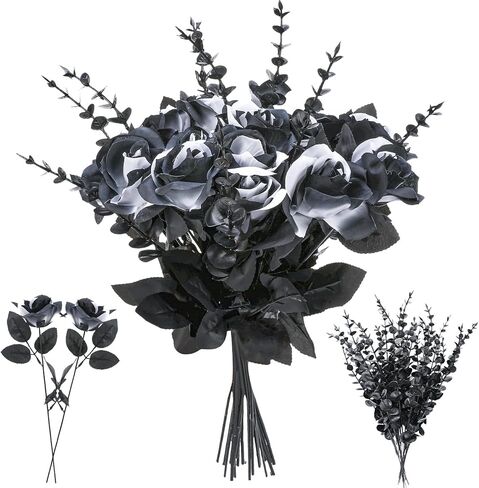 20 Pcs Black White Artificial Roses and 28 Black Eucalyptus Stems for Halloween, Silk Fake Flowers with Bendable Stems, DIY Gothic Wedding Bouquet, Haunted House Decor in Kuwait