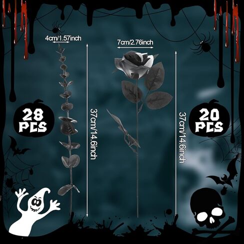 20 Pcs Black White Artificial Roses and 28 Black Eucalyptus Stems for Halloween, Silk Fake Flowers with Bendable Stems, DIY Gothic Wedding Bouquet, Haunted House Decor in Kuwait