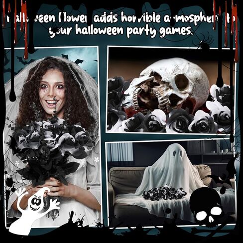 20 Pcs Black White Artificial Roses and 28 Black Eucalyptus Stems for Halloween, Silk Fake Flowers with Bendable Stems, DIY Gothic Wedding Bouquet, Haunted House Decor in Kuwait