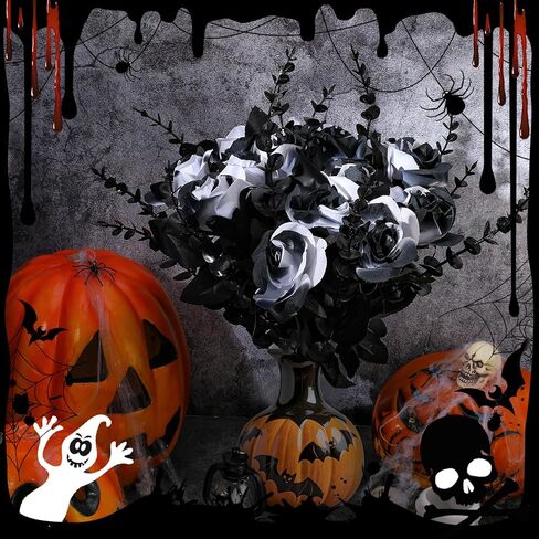 20 Pcs Black White Artificial Roses and 28 Black Eucalyptus Stems for Halloween, Silk Fake Flowers with Bendable Stems, DIY Gothic Wedding Bouquet, Haunted House Decor in Kuwait