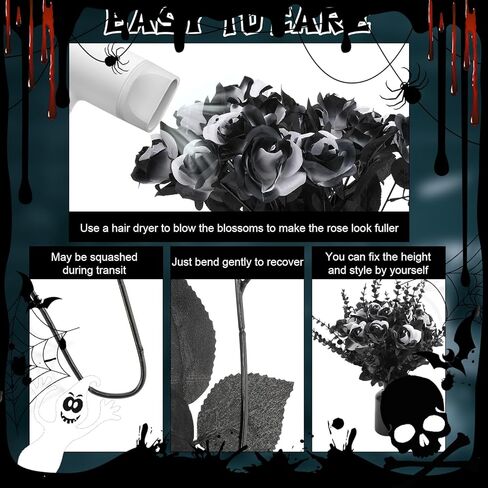 20 Pcs Black White Artificial Roses and 28 Black Eucalyptus Stems for Halloween, Silk Fake Flowers with Bendable Stems, DIY Gothic Wedding Bouquet, Haunted House Decor in Kuwait