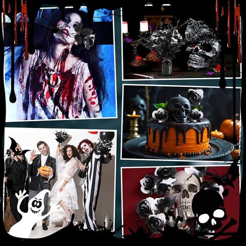 20 Pcs Black White Artificial Roses and 28 Black Eucalyptus Stems for Halloween, Silk Fake Flowers with Bendable Stems, DIY Gothic Wedding Bouquet, Haunted House Decor in Kuwait