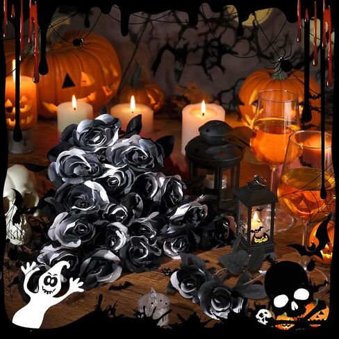 20 Pcs Black White Artificial Roses and 28 Black Eucalyptus Stems for Halloween, Silk Fake Flowers with Bendable Stems, DIY Gothic Wedding Bouquet, Haunted House Decor in Kuwait
