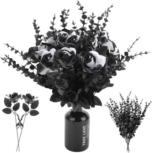 20 Pcs Black White Artificial Roses and 28 Black Eucalyptus Stems for Halloween, Silk Fake Flowers with Bendable Stems, DIY Gothic Wedding Bouquet, Haunted House Decor in Kuwait