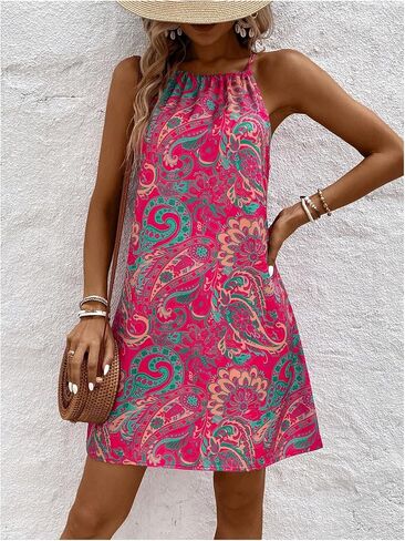 SOLY HUX Women's Boho Print Halter Dress Tie Back Sleeveless Short Flowy Beach Vacation Dresses in Saudi Arabia