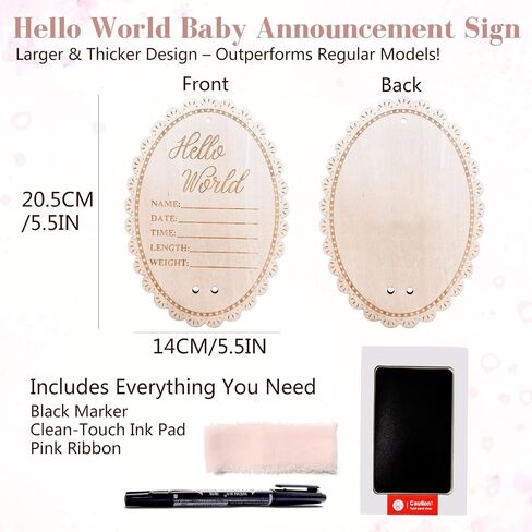 لافتة إعلان Hello World Baby، لافتة على شكل قوس وردي لحديثي الولادة، لافتة اسم خشبية للمستشفى، مع وسادة حبر لليد وبصمات القدم، وقلم تحديد، وشريط فيونكة لدعامة صورة الطفل وتذكارها in Kuwait