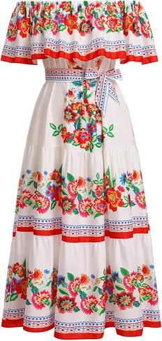 Women Mexican Dress Off Shoulder Floral Summer Casual Long Maxi Dress Beach Party Cinco de Mayo Dresses with Belt in Saudi Arabia
