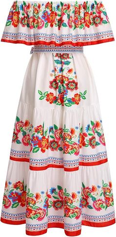 Women Mexican Dress Off Shoulder Floral Summer Casual Long Maxi Dress Beach Party Cinco de Mayo Dresses with Belt in Saudi Arabia
