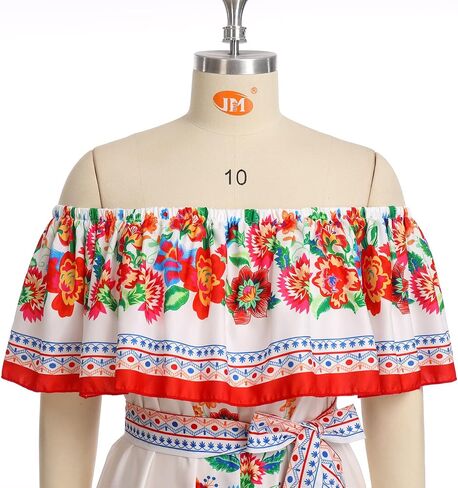 Women Mexican Dress Off Shoulder Floral Summer Casual Long Maxi Dress Beach Party Cinco de Mayo Dresses with Belt in Saudi Arabia