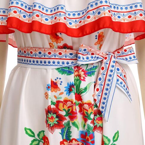Women Mexican Dress Off Shoulder Floral Summer Casual Long Maxi Dress Beach Party Cinco de Mayo Dresses with Belt in Saudi Arabia