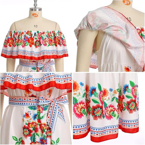 Women Mexican Dress Off Shoulder Floral Summer Casual Long Maxi Dress Beach Party Cinco de Mayo Dresses with Belt in Saudi Arabia