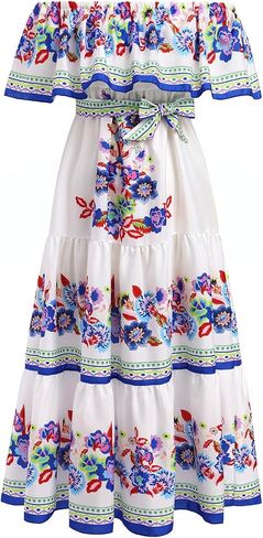 Women Mexican Dress Off Shoulder Floral Summer Casual Long Maxi Dress Beach Party Cinco de Mayo Dresses with Belt in Saudi Arabia
