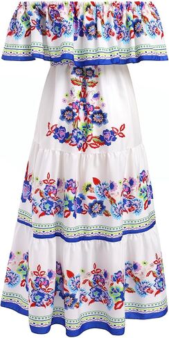 Women Mexican Dress Off Shoulder Floral Summer Casual Long Maxi Dress Beach Party Cinco de Mayo Dresses with Belt in Saudi Arabia