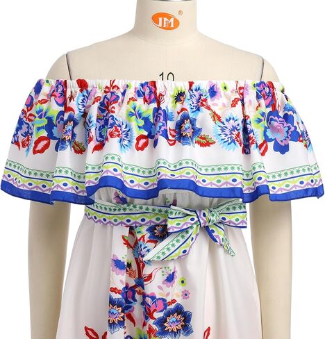 Women Mexican Dress Off Shoulder Floral Summer Casual Long Maxi Dress Beach Party Cinco de Mayo Dresses with Belt in Saudi Arabia