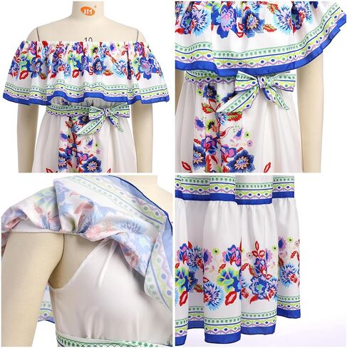 Women Mexican Dress Off Shoulder Floral Summer Casual Long Maxi Dress Beach Party Cinco de Mayo Dresses with Belt in Saudi Arabia