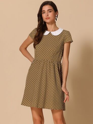 فستان نسائي من Allegra K بياقة بيتر بان وأكمام قصيرة وخط A متباين منقط in Kuwait