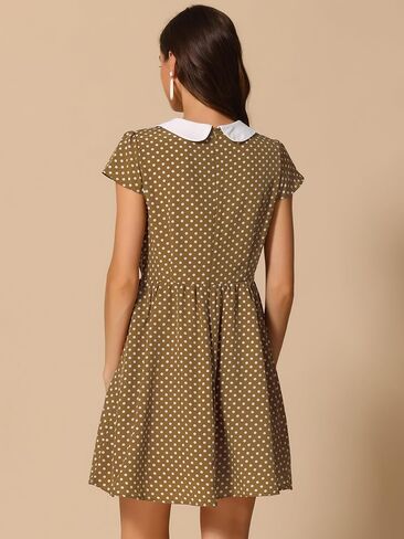 فستان نسائي من Allegra K بياقة بيتر بان وأكمام قصيرة وخط A متباين منقط in Kuwait