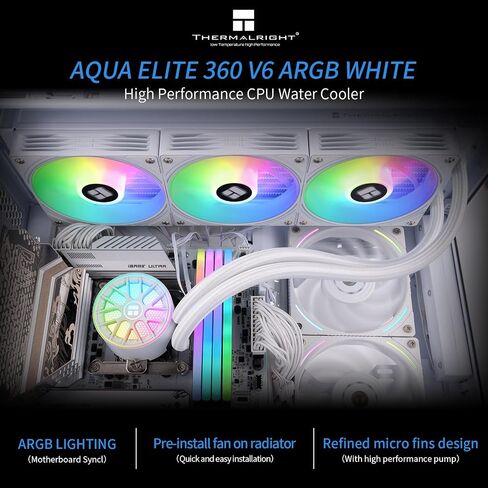 Thermalright Aqua Elite 360 V6 ARGB Black AIO CPU Cooler, ARGB PWM Cooler Fans with 2000RPM, for Intel Lga1150/1151/1155/1156/1200/2011/1700/1851, AMD: AM4/AM5, Case 360mm AIO Radiator in Kuwait