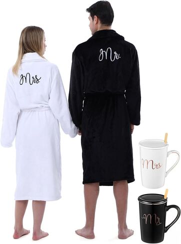 Jecery His and Hers Robes Set Flannel Kimono Robes for Women Men Mr and Mrs Matching Robes for Couples with 18.6 oz Mr and Mrs Coffee Mugs Set for Winter Wedding Anniversary Engagement Love Gift in Saudi Arabia