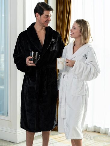 Jecery His and Hers Robes Set Flannel Kimono Robes for Women Men Mr and Mrs Matching Robes for Couples with 18.6 oz Mr and Mrs Coffee Mugs Set for Winter Wedding Anniversary Engagement Love Gift in Saudi Arabia