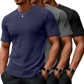 Huukeay 3 Pack Men's Big and Tall Ribbed T Shirts Crew Neck Short Sleeve Plus Size Tees Casual Slim Fit Knit Shirts in Kuwait