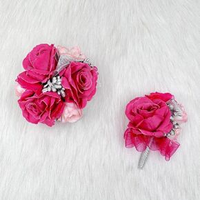 Ansuma Hot Pink Rose Corsage Boutonniere مجموعة زهور تعمل باللمس الحقيقي للرجال والنساء، العروس وصيفة الشرف العريس الفوشيه زهور الزفاف الملحقات حفلة موسيقية عشاء الرقص الذكرى السنوية (فوشيا) in Kuwait