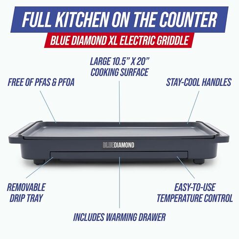 Blue Diamond 7QT 5-in-1 مقلاة كهربائية كبيرة إضافية ، داخلية صحية غير لاصقة ، خالية من PFAs غير سامة ، والتحكم في درجة الحرارة ، ودية عائلية ، ومقابض باردة ، ونظيفة سهلة ، الجرافيت in Kuwait