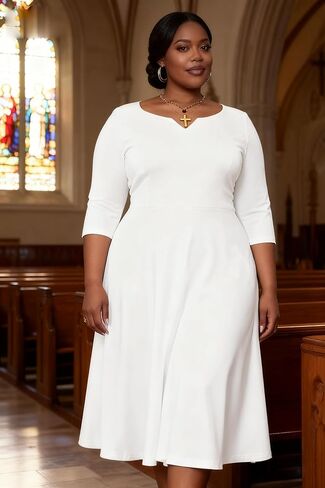 Runwind Plus Size Dresses Women Fit and Flare A-Line Swing Dress 3/4 Sleeve Midi Church Wedding Guest Cocktail Party Dresses in Kuwait