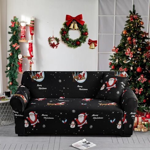 Christmas Theme Stretch Sofa Cover,Christmas Tree Candy Snowman Cookies Snowhouse Holiday Elastic Couch Cover Soft Red Sofa Slipcover for Living Room(3 Seater) in Saudi Arabia