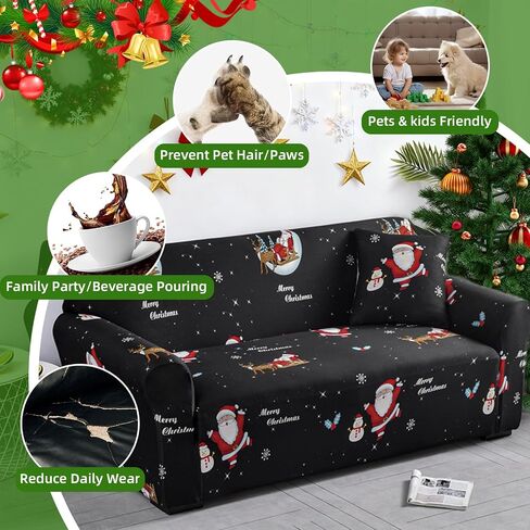 Christmas Theme Stretch Sofa Cover,Christmas Tree Candy Snowman Cookies Snowhouse Holiday Elastic Couch Cover Soft Red Sofa Slipcover for Living Room(3 Seater) in Saudi Arabia