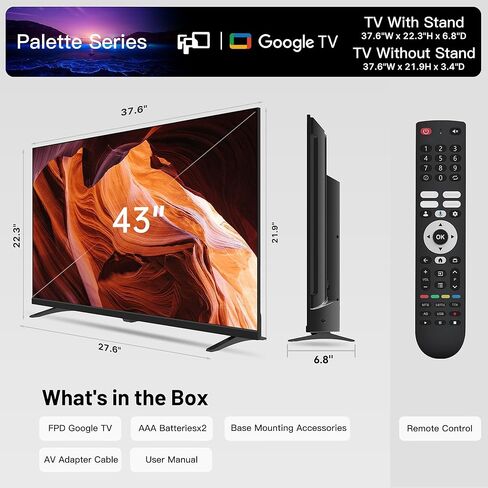 FPD 43 Inch Smart TV 4K UHD LED TV Flat Screen Google TV with Google Cast, Bluetooth, HDMI, Streaming Live, HDR 10, Dolby Vision, Ultra Slim Television(Canvas-Series, CG43-C3, 2025) in Kuwait