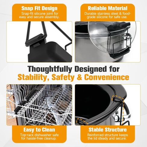 حامل غطاء طباخ بطيء للطهي ، منظم غطاء وعاء خالٍ من اليدين يناسب معظم الطهي البطيء ، رف غطاء وعاء من الفولاذ المقاوم للصدأ مع حوض السيليكون لا يوجد أي فوضى (أسود ، حزمة واحدة) in Kuwait