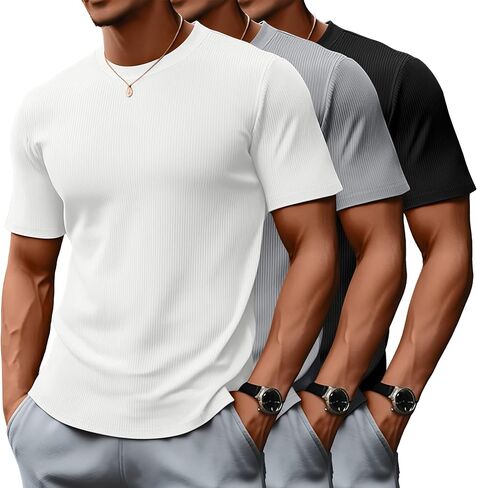 Huukeay 3 Pack Men's Big and Tall Ribbed T Shirts Crew Neck Short Sleeve Plus Size Tees Casual Slim Fit Knit Shirts in Kuwait
